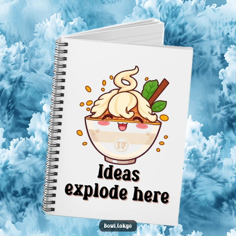 Funny notebook with a cheerful ramen bowl character and a flavor burst design, great for jotting down humorous thoughts.