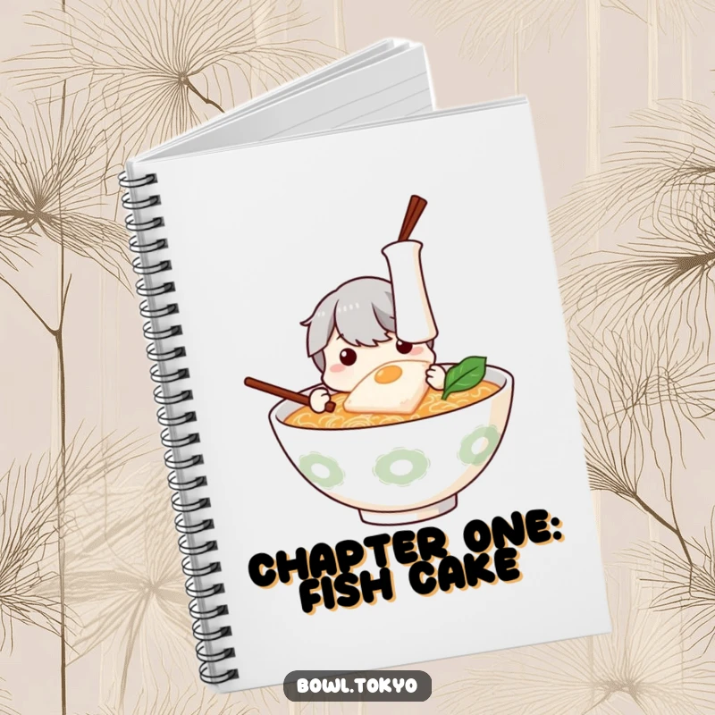 Funny Ramen Notebook: Curious ramen bowl character humorously examining a floating piece of kamaboko.