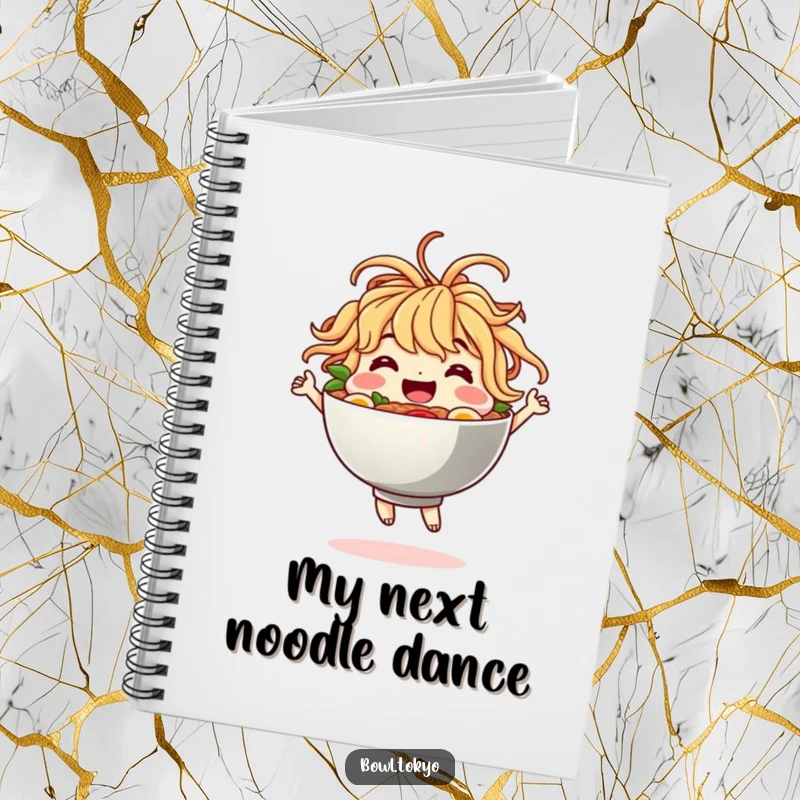 Funny Notebook: A ramen bowl character with noodle hair dancing, inspiring creative writing and joyful note-taking.