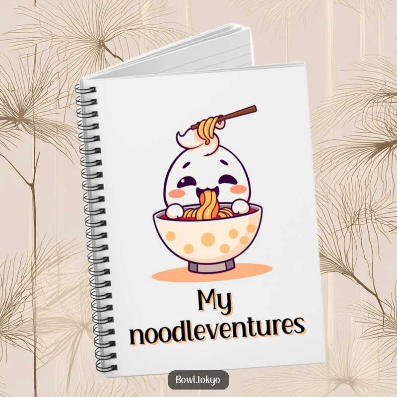 Funny kawaii ramen bowl notebook with a joyful character joyfully slurping a noodle, perfect for jotting down ideas.
