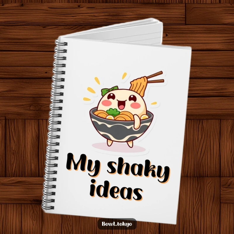 Funny wobbling ramen notebook with a noodle bowl character in a comical wobble, ideal for notes.