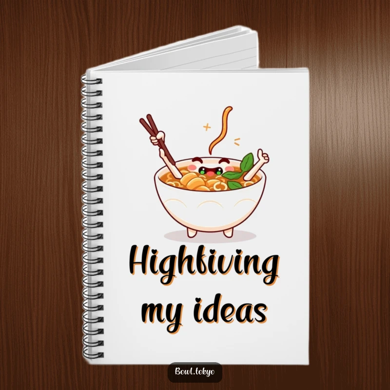 Funny Notebook: A ramen bowl character with chopstick arms giving a high-five, ideal for jotting down fun ideas.