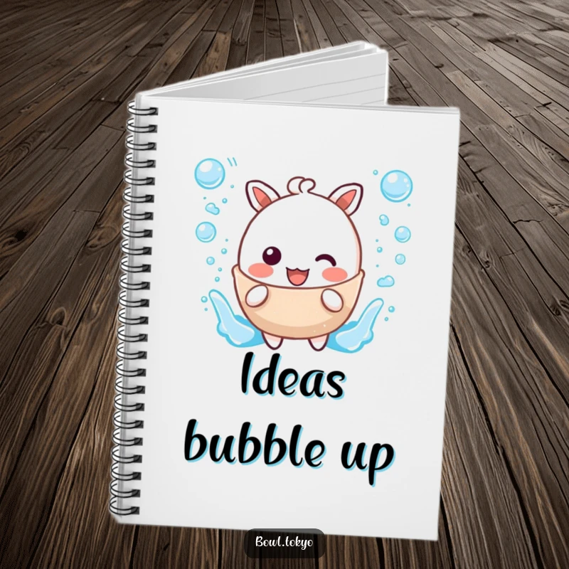 Funny notebook cover with a kawaii broth character joyfully splashing with bubble accents, perfect for writing.