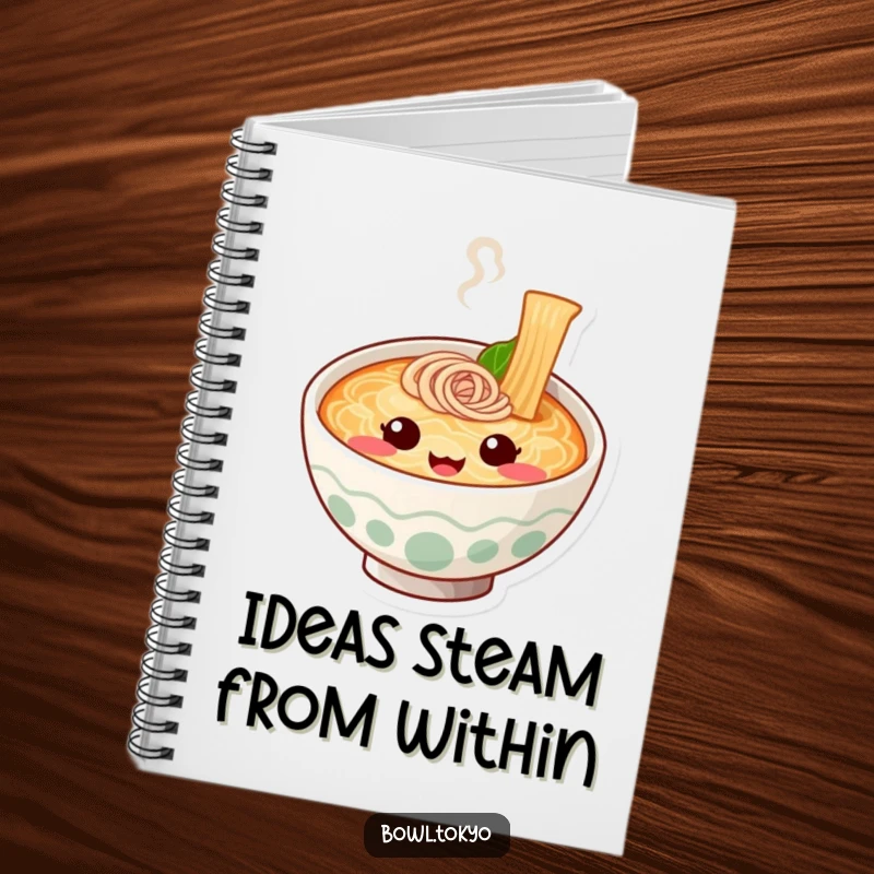 Funny Journal Ramen Bowl Notebook with a cute noodle character whose steam forms a happy face, ideal for writing.