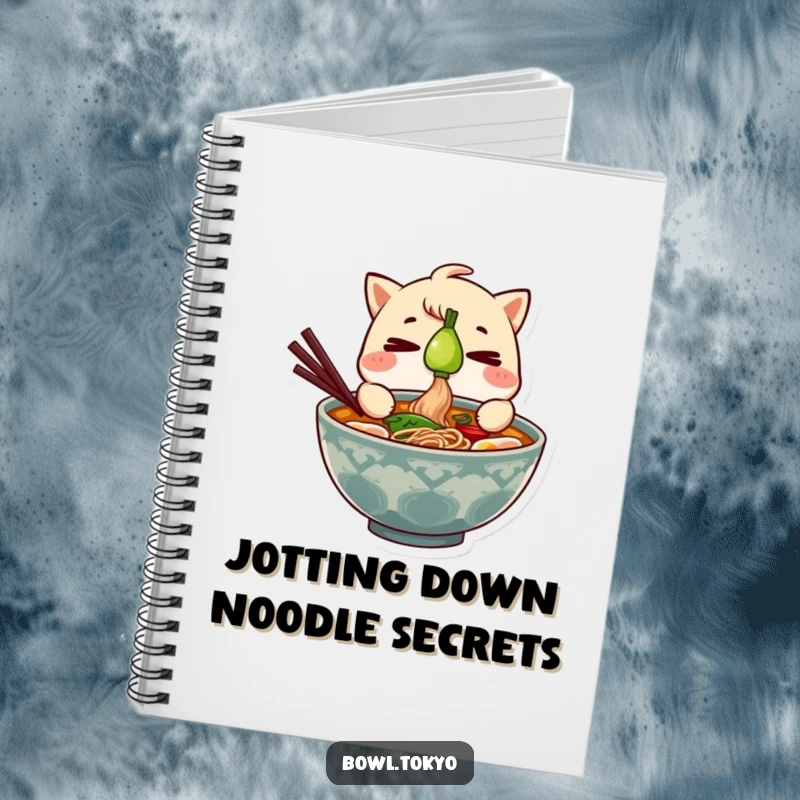Funny Ramen Bowl Notebook with a character balancing a green onion, perfect for note-taking and doodling.