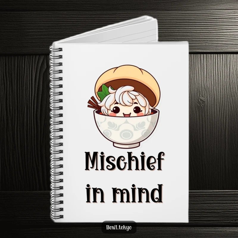 Funny ramen bowl character with a mischievous grin peeks from behind a steamed bun on the cover of this notebook.