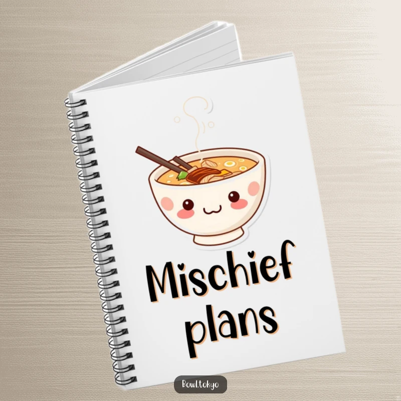 Funny cute kawaii ramen bowl notebook with a mischievous grin peeking from steam, ideal for writing.