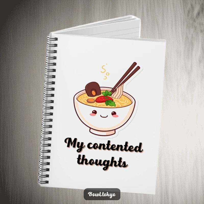 Funny Ramen Bowl Notebook with a happy, smiling character and steam rising, perfect for jotting down ideas with a touch of noodle-themed cheer.