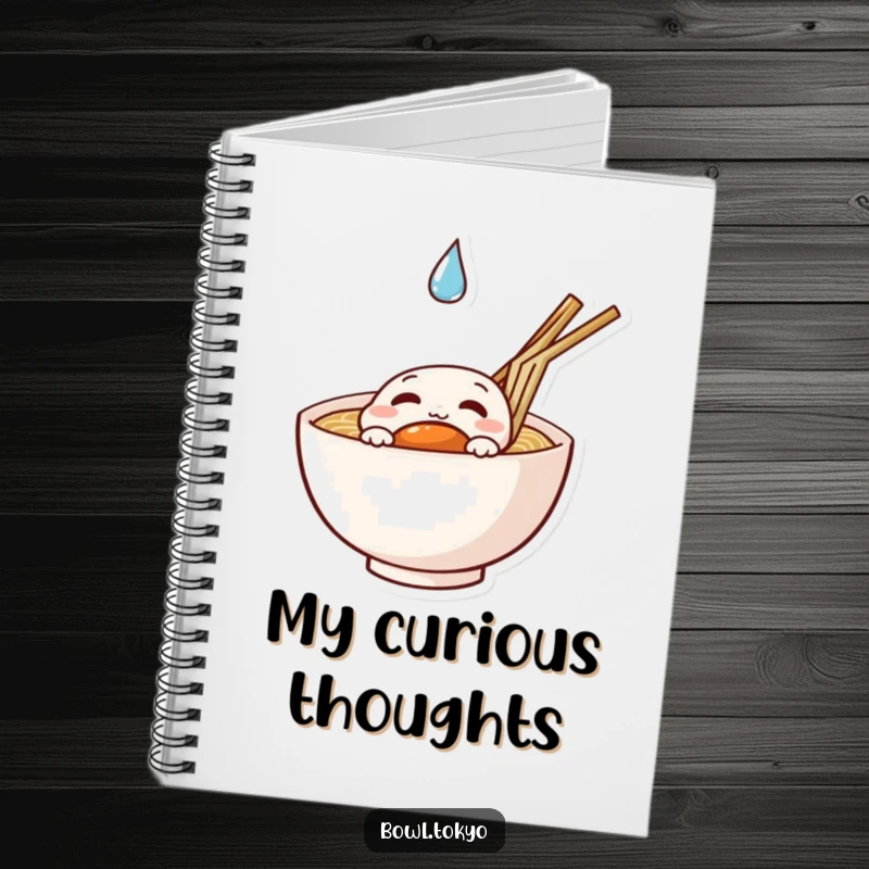 Funny curious ramen notebook with a noodle bowl character peeking at a droplet, ideal for notes.