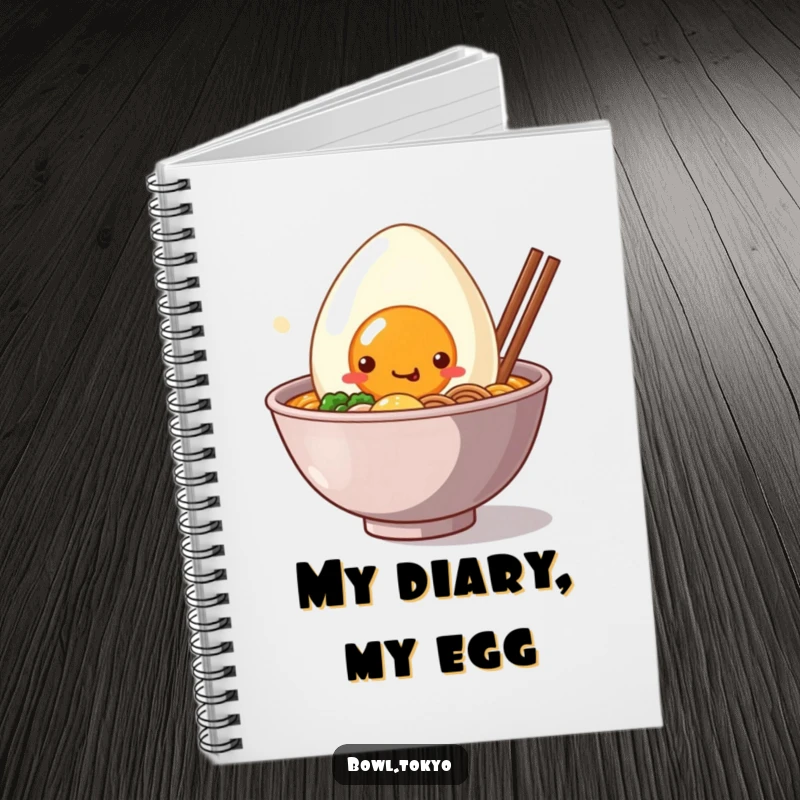 Funny Notebook: A kawaii ramen bowl character with a smiling egg friend peeking out, ideal for jotting down cute ideas.
