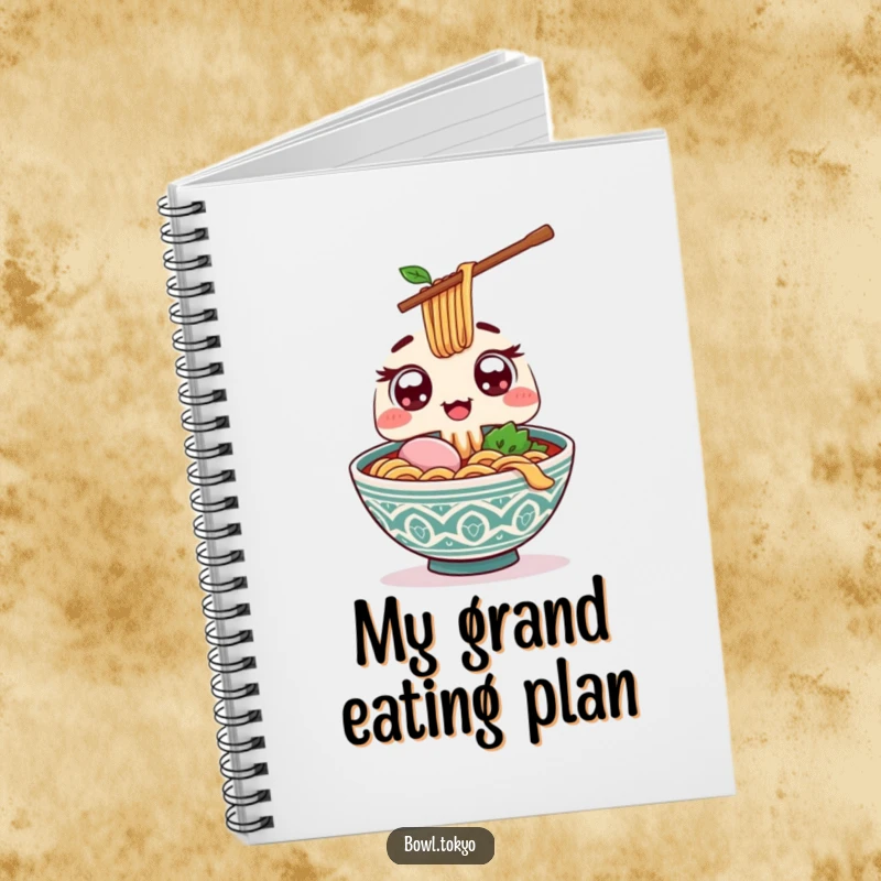 Funny Kawaii ramen bowl notebook with wide excited eyes, offering a giant chopstick, ideal for enthusiastic note-taking.