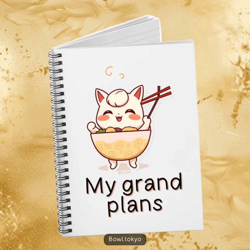 Funny cheerful anthropomorphic ramen bowl notebook with a character happily juggling chopsticks, ideal for writing.