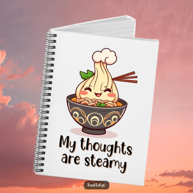 Funny Kawaii ramen bowl notebook with a cheerful grin, offering a steam cloud, perfect for humorous note-taking.