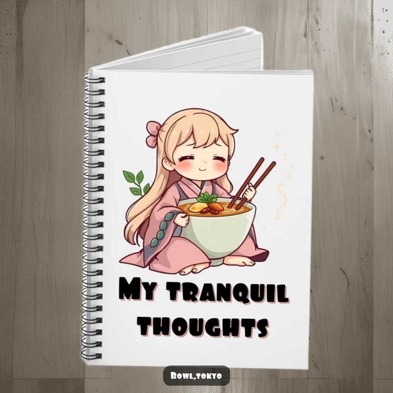Funny ramen bowl in a flowing kimono, meditating serenely, a lined notebook for jotting down peaceful and humorous thoughts.