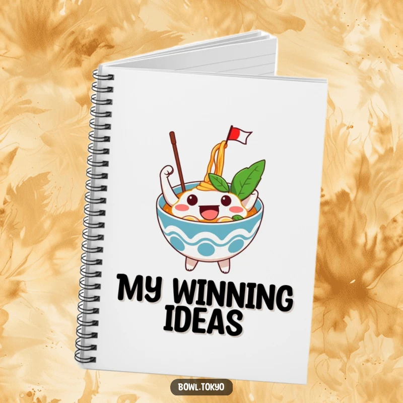 Funny Excited Ramen Bowl Notebook with an excited character waving a flag from noodles, perfect for jotting down celebratory ideas.