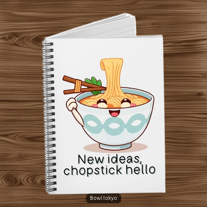 Funny Idea Ramen Bowl Notebook with a smiling noodle character offering a chopstick, perfect for jotting down welcoming thoughts.