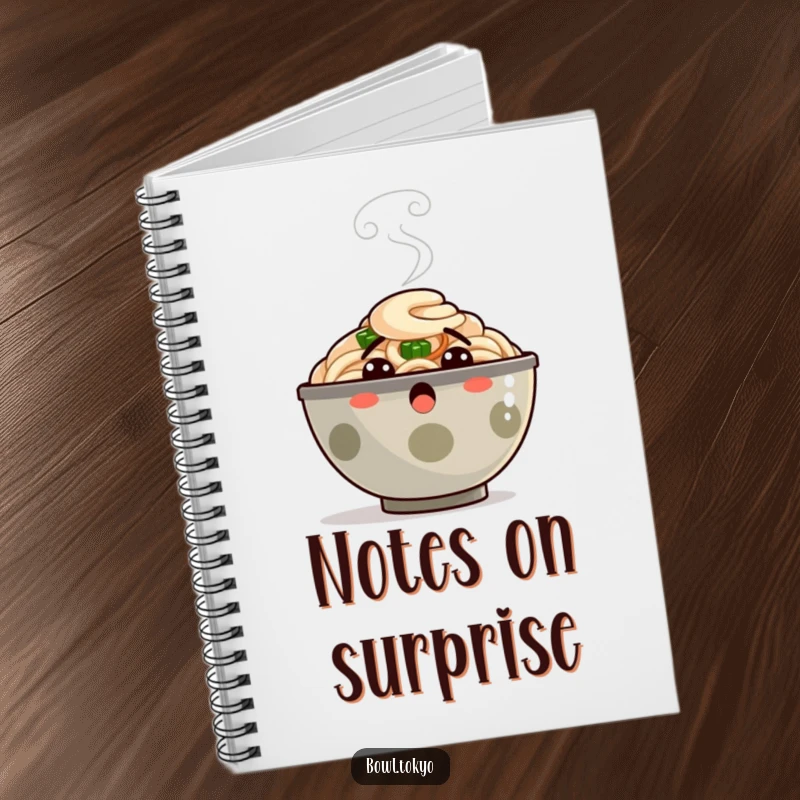 Funny Notebook: A ramen bowl character looking surprised with steam puffing, perfect for jotting down thoughts and reactions.