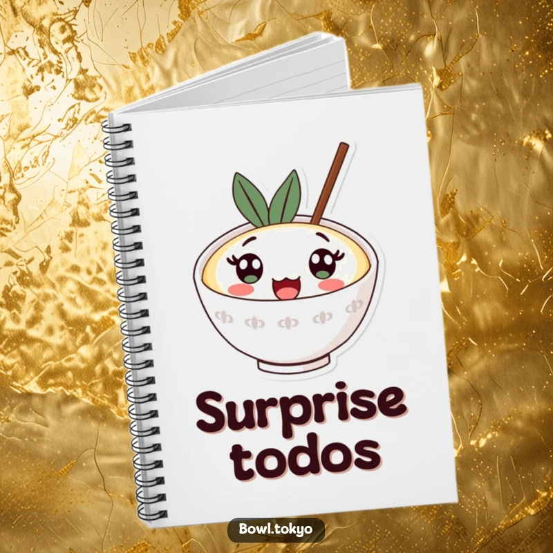 Funny kawaii ramen bowl notebook with a character sporting big surprised eyes looking upwards, ideal for writing.