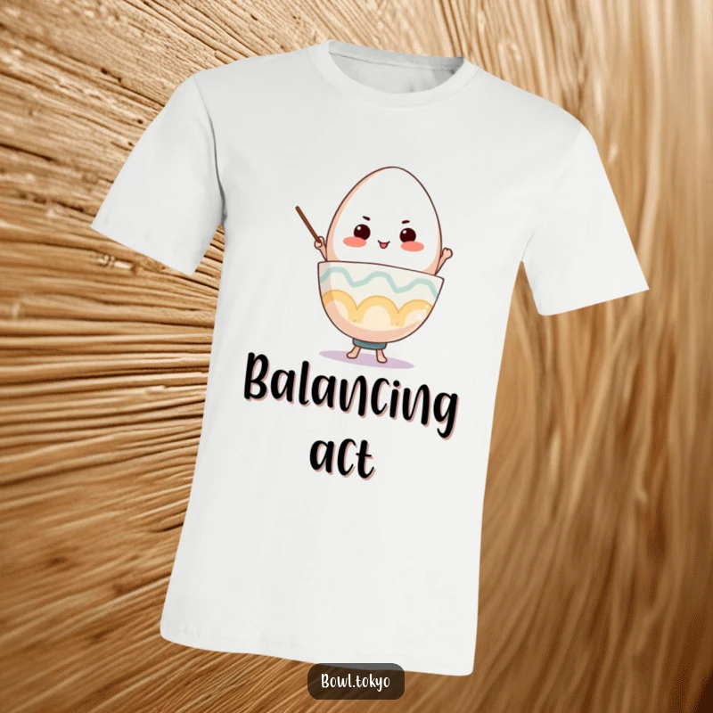 Funny Ramen Bowl T-Shirt, a determined character precariously balancing a giant egg, ideal for showing focus.