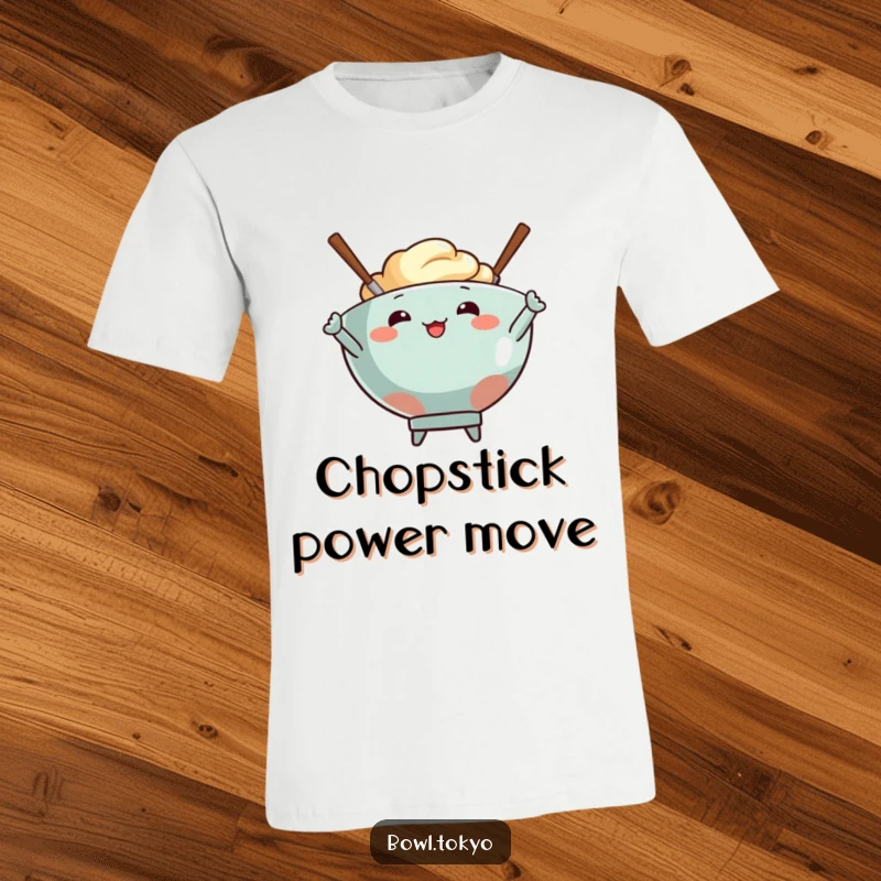 Funny t-shirt displaying a food bowl character striking an energetic pose alongside two dynamic chopsticks.