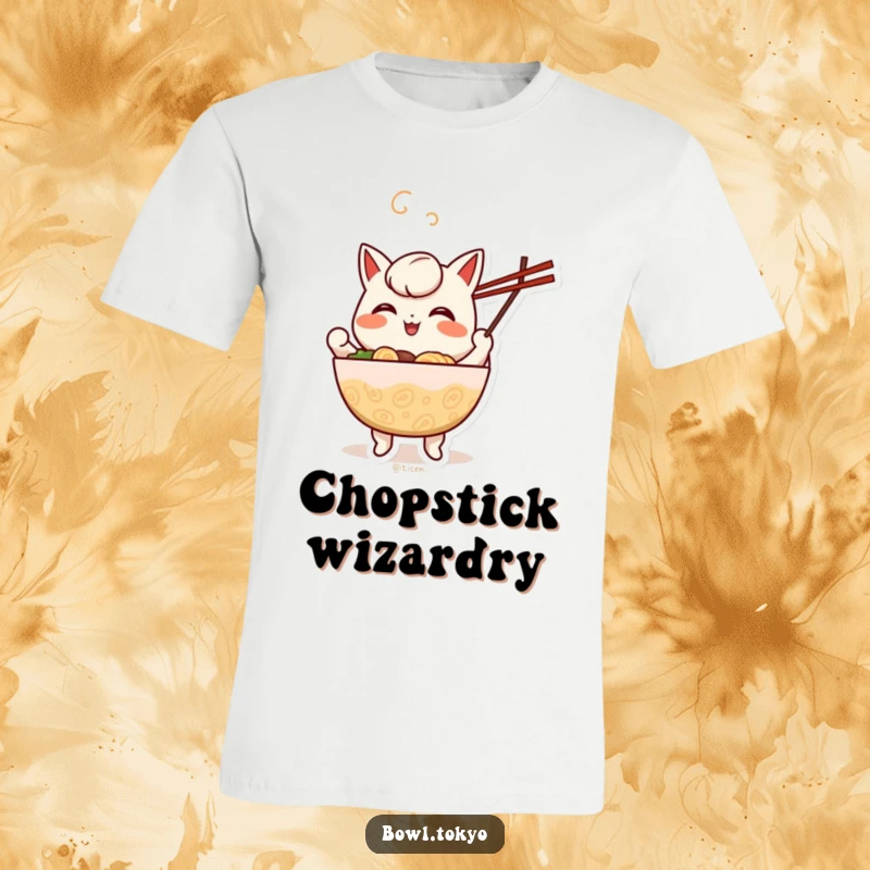 Funny cheerful anthropomorphic ramen bowl t-shirt showing a character happily juggling chopsticks with a joyous expression.