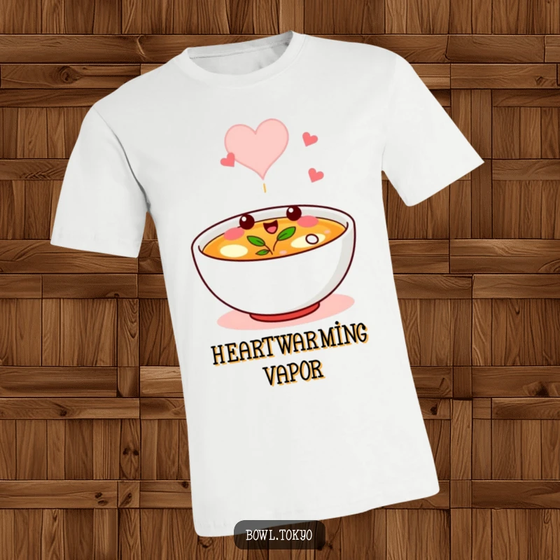 Funny t-shirt displaying a bowl of broth character winking, with its steam forming a cute heart shape.