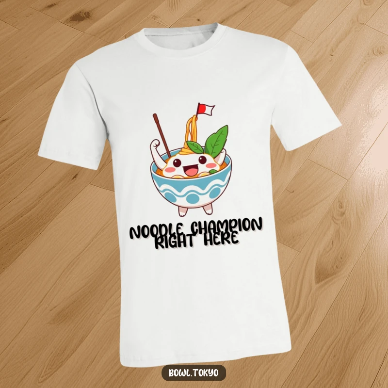 Funny Excited Ramen Bowl T-Shirt showing a character enthusiastically waving a small flag from within a bowl of noodles.