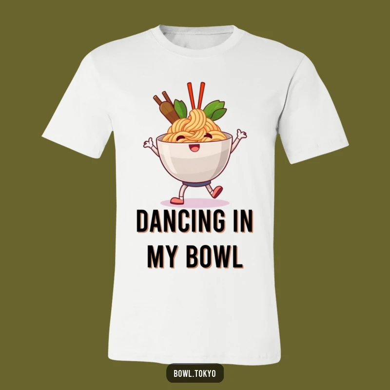 Funny Happy Ramen T-Shirt: Noodle Character’s Jolly Shuffle Design