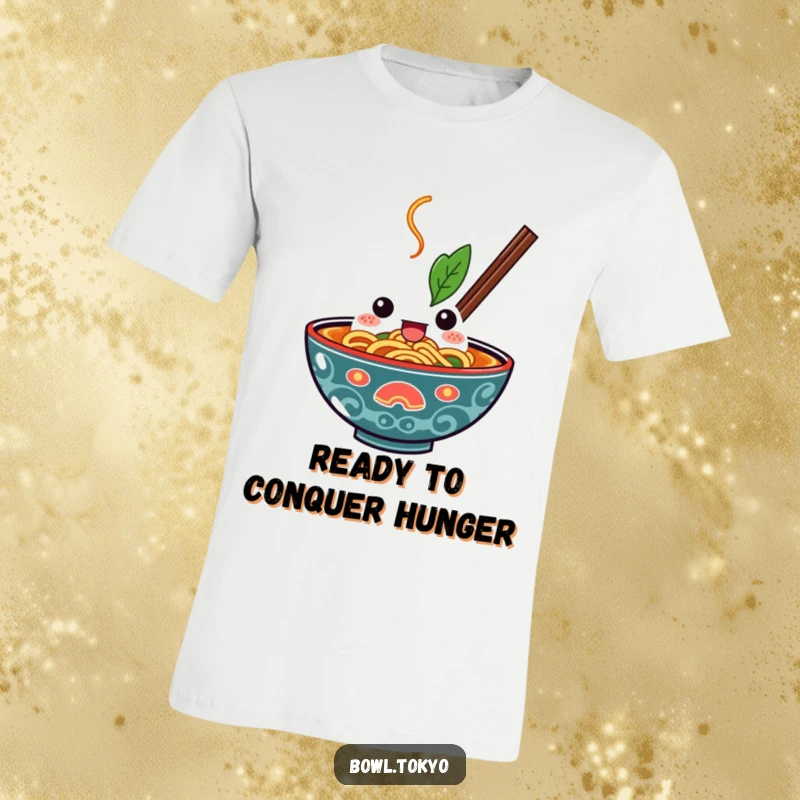 Funny Kawaii Ramen Bowl T-Shirt of a character with a determined face, mouth open, poised to dive into a bowl of noodles.