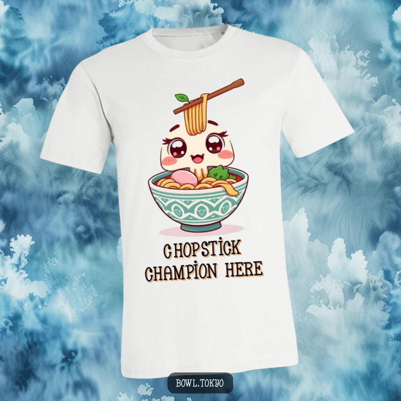 Funny Kawaii ramen bowl character tee with wide excited eyes, presenting a giant chopstick, depicting playful noodle enthusiasm.