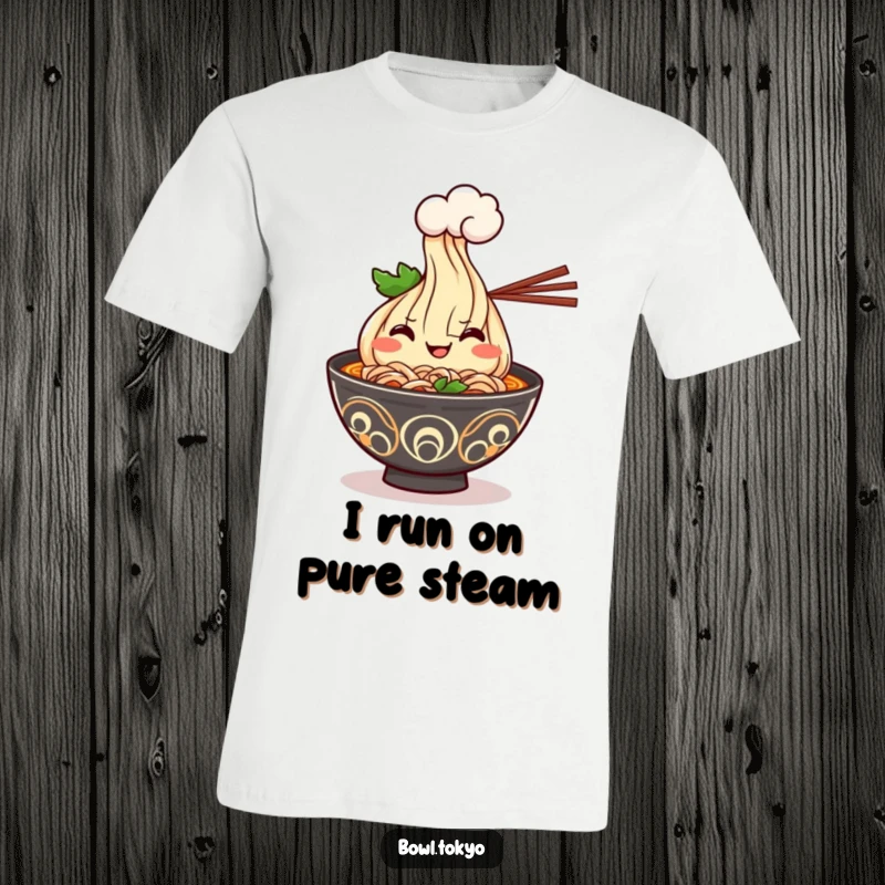 Funny Kawaii ramen bowl character tee with a cheerful grin, presenting a delightful steam cloud, embodying warmth and humor.