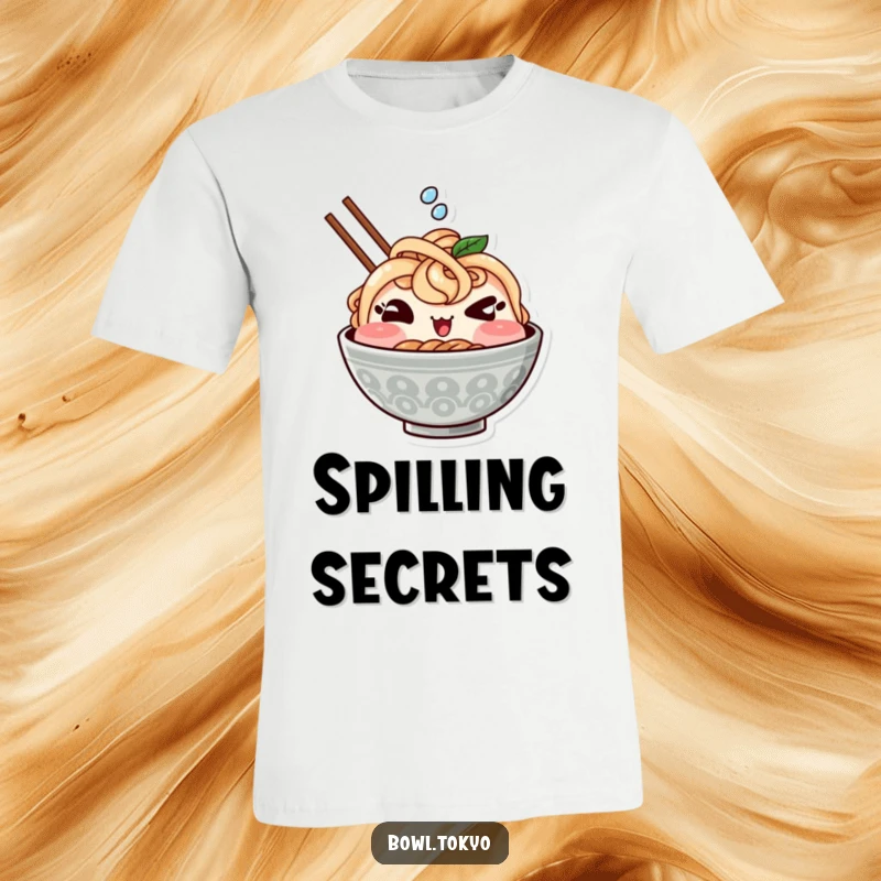 Funny t-shirt featuring a cute Kawaii ramen bowl character with a mischievous wink and a tiny splash, celebrating food fun.