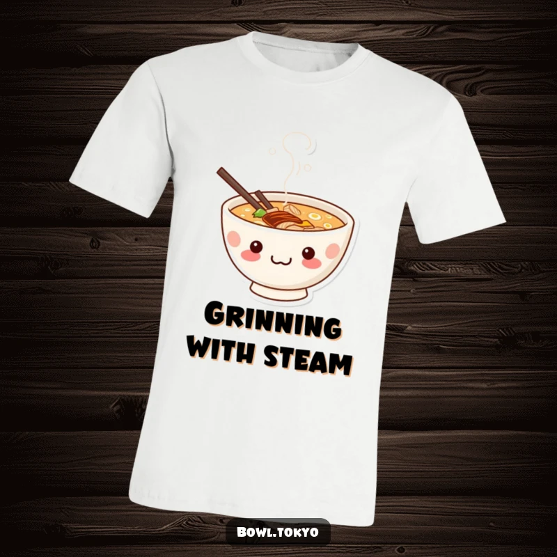 Funny cute kawaii ramen bowl t-shirt with a mischievous character peeking from steam, sporting a sly grin.