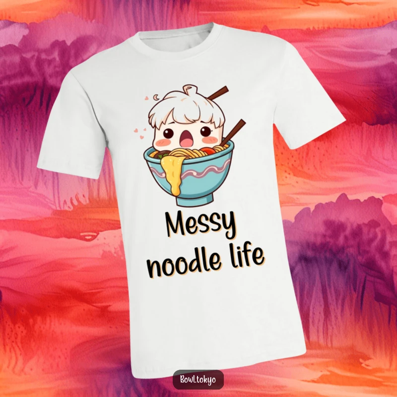 Funny Ramen Bowl T-Shirt, a surprised character with noodles splashing out, ideal for a humorous statement.