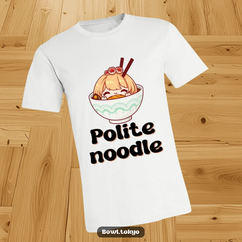 Funny ramen bowl with a decorative hairpiece, bowing courteously, a sophisticated and humorous graphic tee for polite individuals.