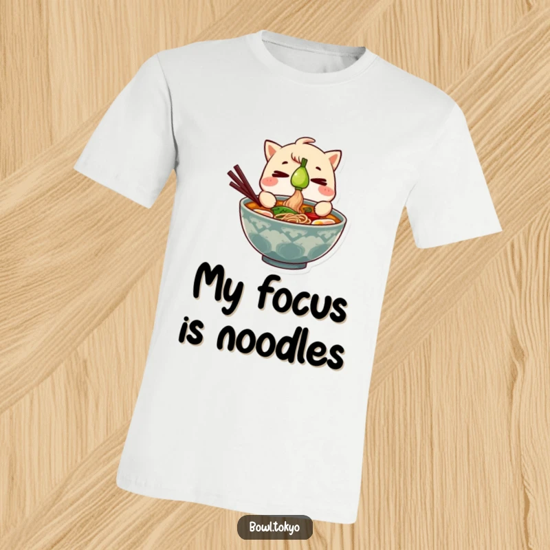 Funny Ramen Bowl T-Shirt depicting intense concentration on balancing a green onion, ideal for casual wear.