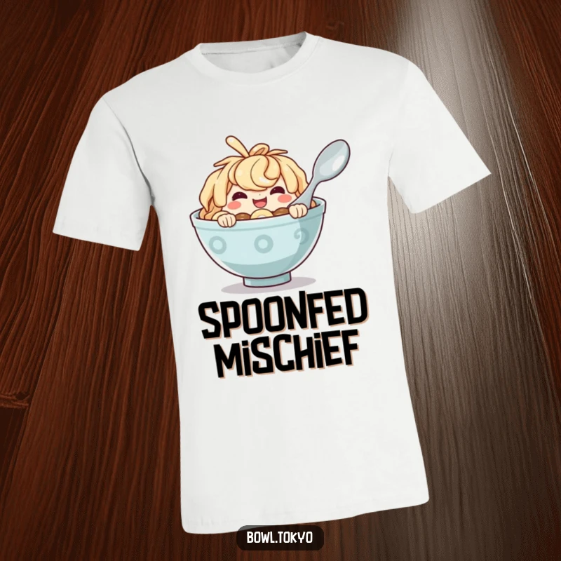 Funny Ramen Bowl T-Shirt featuring a mischievous character peeking with a cheeky grin from behind a large spoon.