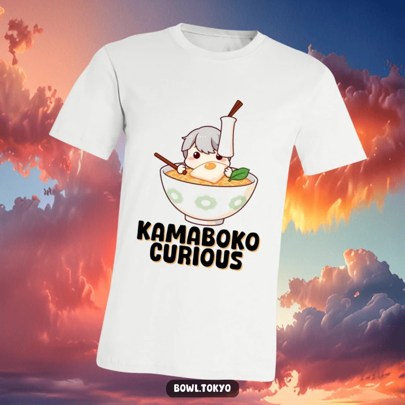 Funny Ramen T-Shirt: Animated ramen bowl character looking closely at a floating piece of kamaboko.
