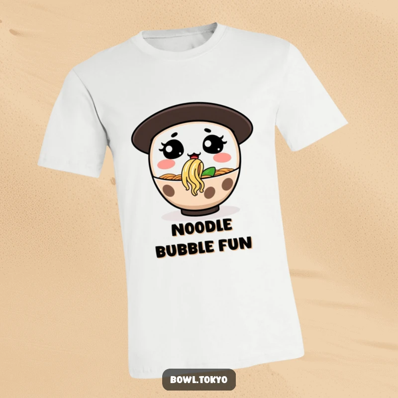 Funny t-shirt depicting a ramen bowl character making a funny face while blowing a bubble out of noodles.