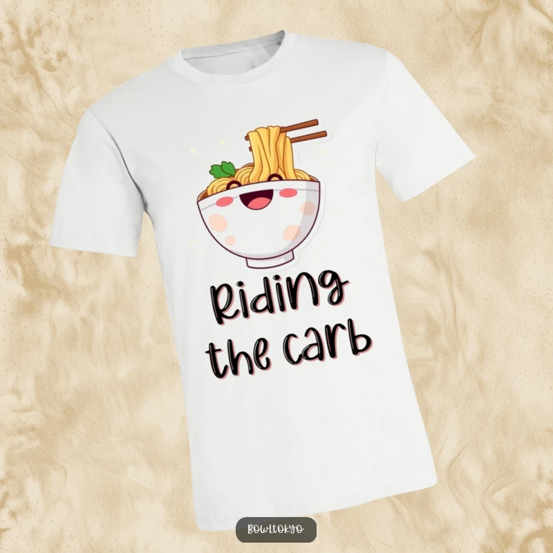 Funny t-shirt showing a ramen bowl character with a huge, happy grin sliding effortlessly down a noodle.