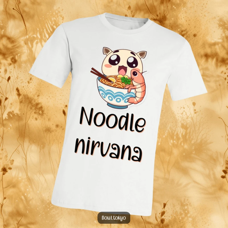 Funny ramen character with wide, excited eyes takes a massive bite out of a giant shrimp on this t-shirt.