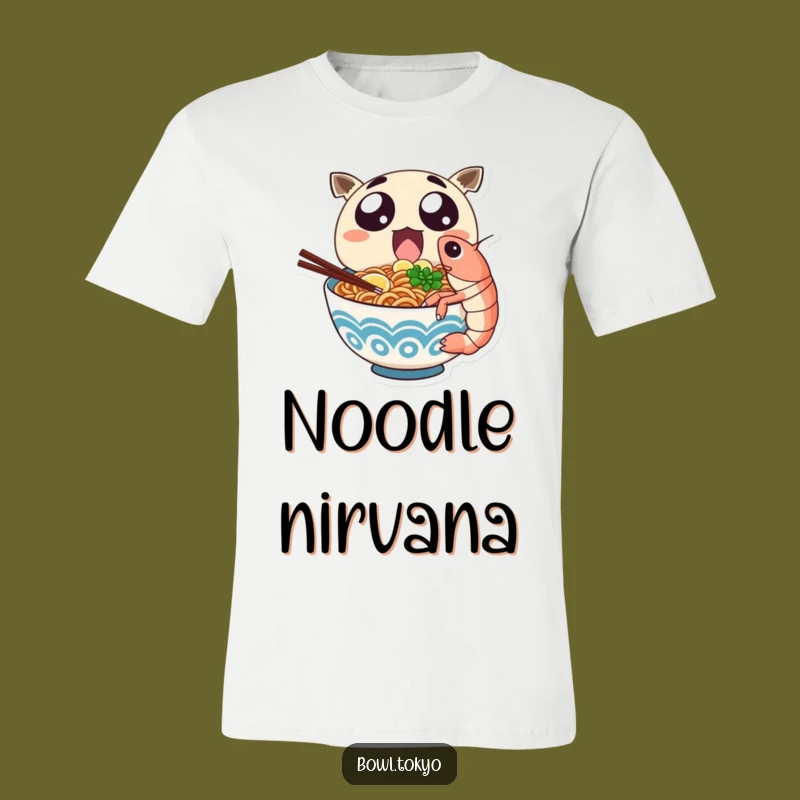 Funny Ramen Shrimp Lover T-Shirt: Excited Noodle Character Eating Big Shrimp Gift
