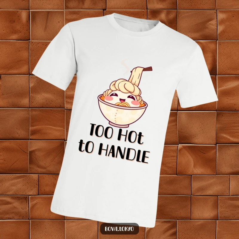Funny t-shirt featuring a smiling ramen bowl character with steam billowing upwards, mimicking cheerful, unrestrained laughter.