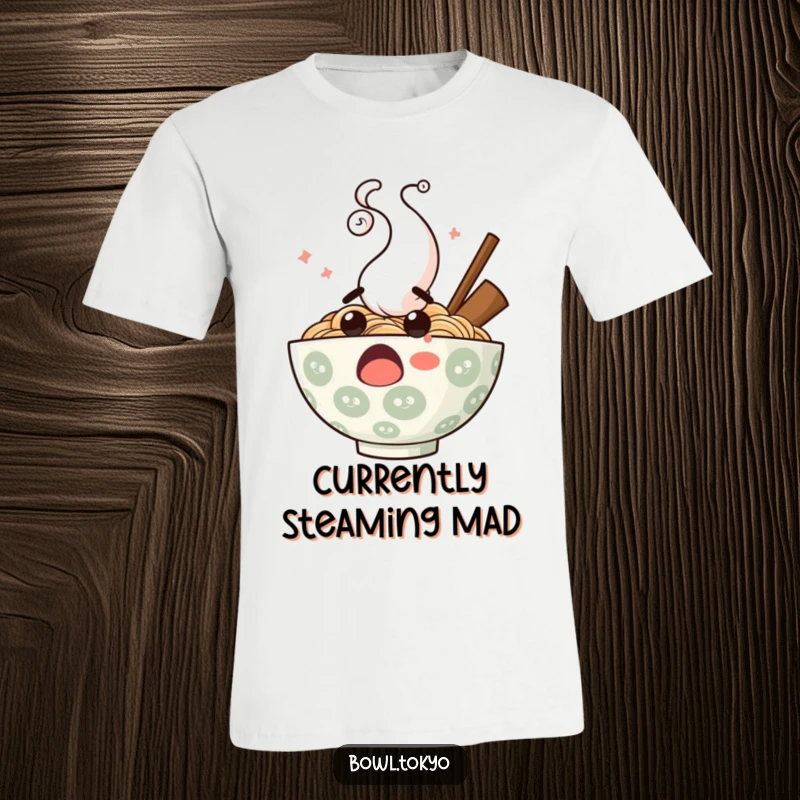 Funny surprised ramen bowl t-shirt, steam erupting in a comical pattern, depicting a shocked noodle character, great for casual wear.