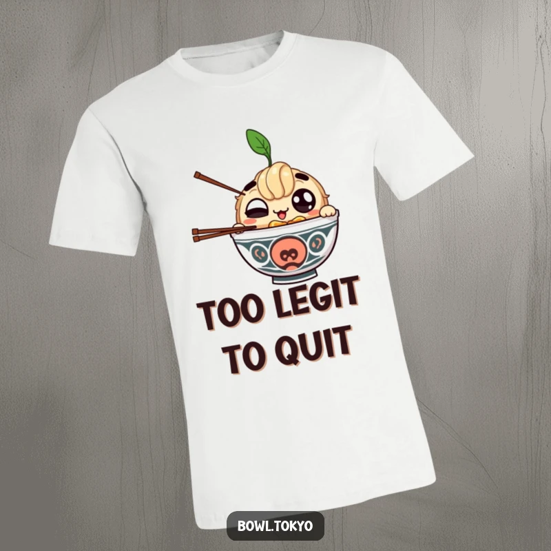Funny T-shirt featuring a ramen bowl character with big eyes winking and juggling chopsticks, a humorous display of skill.