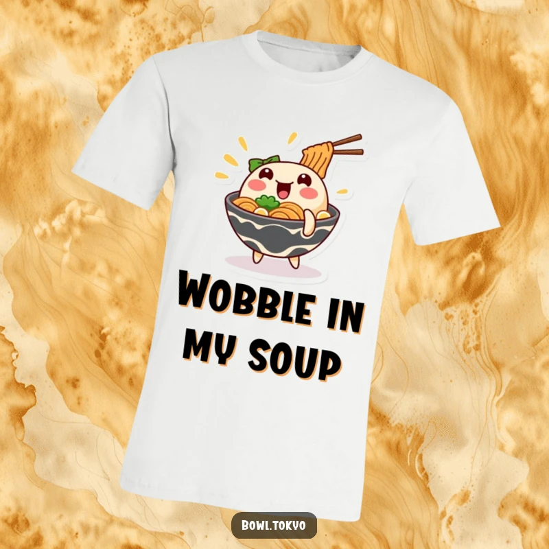 Funny wobbling ramen t-shirt depicting a comical noodle bowl character losing its balance, great for casual wear.