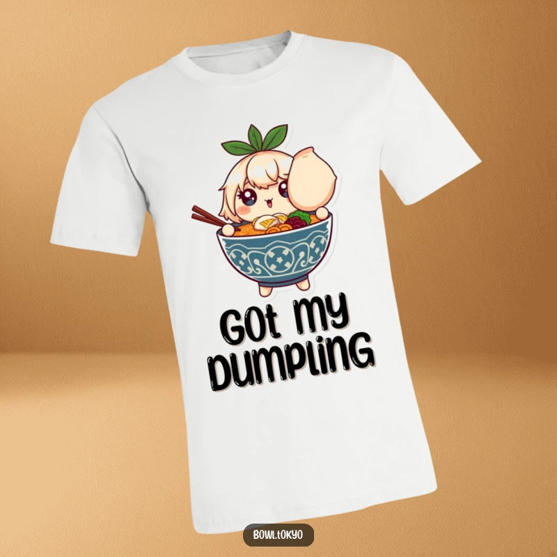 Funny t-shirt depicting a ramen bowl character with dazzling, sparkling eyes clutching a comically large dumpling.