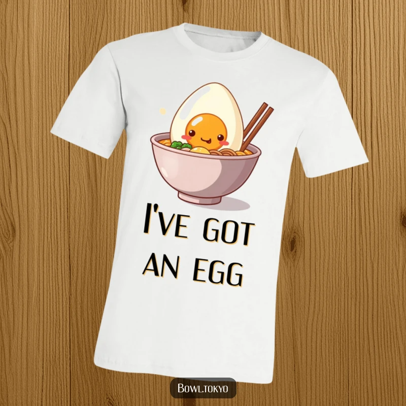 Funny T-Shirt: A cute kawaii ramen bowl peeking out with a giant, smiling egg friend, radiating happiness.