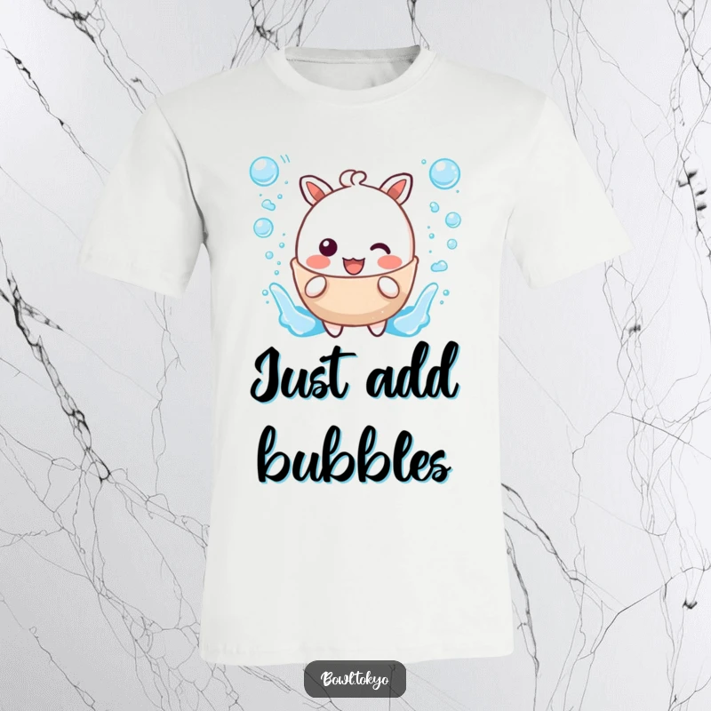 Funny t-shirt with a kawaii broth character joyfully splashing amidst delightful bubble accents, expressing pure elation.