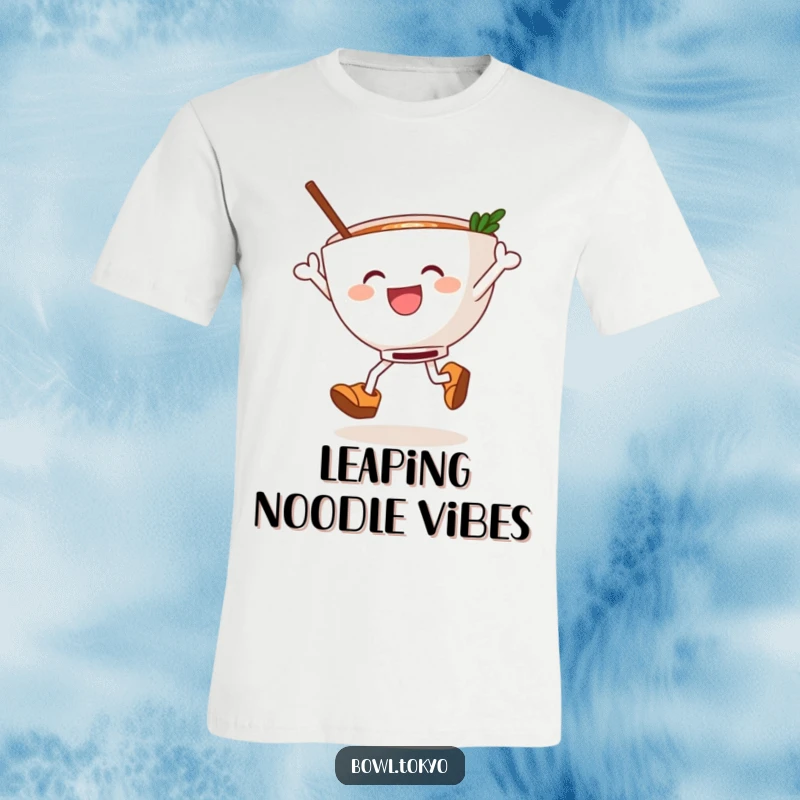 Funny ramen bowl in wooden clogs, joyfully leaping with animated noodles, expressing pure delight on a comfortable graphic tee.